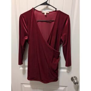 Express Red Velour Dressy Casual Wine Colored Blouse Wrap Top Tie Back Size L